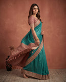 Teal Blue Semi Tussar Saree with Woven Border and Unstitched Blouse Piece Geetha Creation