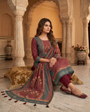 Maroon Striped Cotton Kurta Set with Floral Dupatta & Straight Pants Geetha Creation
