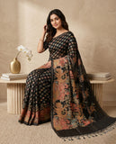 Black Semi Tussar Saree with Ethnic Border and Tassel Detail Blouse Piece Geetha Creation