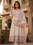 Blush Beige Linen Anarkali Kurta Set with Dupatta Geetha Creation