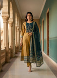 Women Mustard & Teal Green Pure Viscose Hand-Embroidered Kurta Set