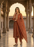 Rust Gold Printed Cotton Kurta Set with Dupatta Geetha Creation