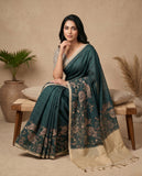 Teal Green Semi Tussar Saree with Woven Floral Border & Tassel Pallu Geetha Creation