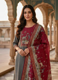 Women Slate Grey & Maroon Royal Heritage Pure Viscose Hand-Embroidered Kurta Set
