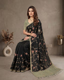 Black Floral Embroidered Semi Tussar Saree with Contrast Blouse Piece Geetha Creation