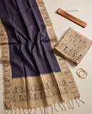 Navy Blue Semi Tussar Saree with Ethnic Motif Border & Unstitched Blouse Geetha Creation