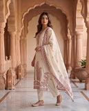 Women Cream Pink Ethnic Motif Linen Kurta Set with Dupatta Geetha Creation