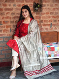 Elegant Red with Chikoo Ready to Wear Cotton Silk Kurta Set