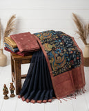 Navy Blue Semi Tussar Saree with Paisley Floral Design and Tassel Border Geetha Creation
