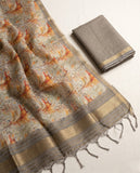 Grey & Beige Semi Tussar Saree with Floral Motifs and Tassel Border Geetha Creation