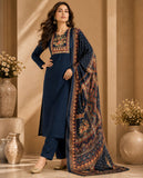 Navy Blue Cotton Silk Straight Kurta Set with Embroidered Yoke & Dupatta Geetha Creation