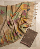 Beige Semi Tussar Saree with Artistic Floral Motifs & Tassel Border Geetha Creation