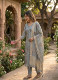 Inaya Slate Blue Soft Tissue Leaf Print Kurta Set Geetha Creation