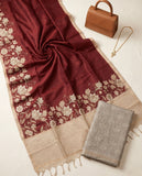 Maroon Floral Semi Tussar Saree with Woven Border & Tassel Detail Geetha Creation