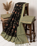 Black Floral Embroidered Semi Tussar Saree with Contrast Blouse Piece Geetha Creation