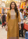 Antique Mustard Pure Viscose Kurta Set with Hand-Embroidered Neckline
