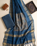 Blue & Grey Semi Tussar Saree with Woven Ethnic Motifs and Tassel Border Geetha Creation