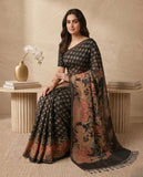 Black Semi Tussar Saree with Ethnic Border and Tassel Detail Blouse Piece Geetha Creation