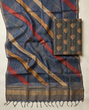 Navy Blue Semi Tussar Saree with Geometric Stripes & Tassel Border Geetha Creation