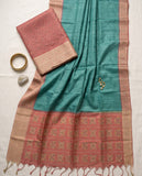 Teal Blue Semi Tussar Saree with Woven Border and Unstitched Blouse Piece Geetha Creation