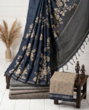 Navy Blue Floral Semi Tussar Saree with Tassel Border & Blouse Piece Geetha Creation