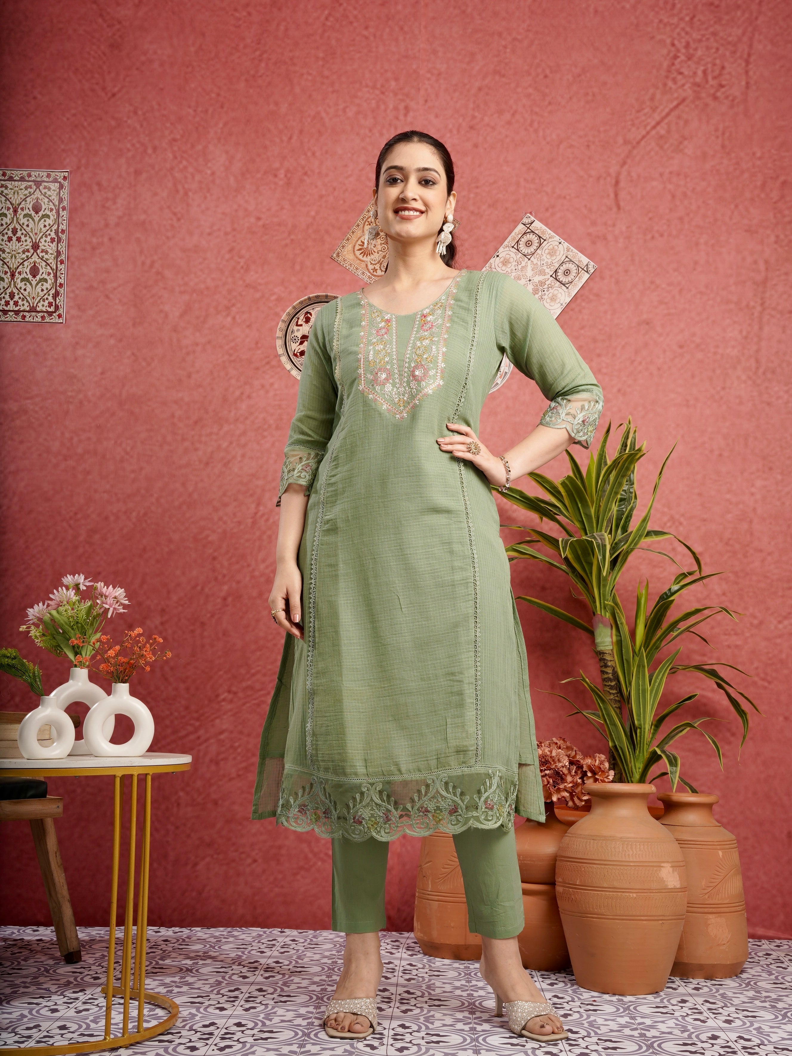 Ethnic Green Pure Cotton Kota Doria Dress Geetha Creation Ethnic Green Pure Cotton Kota Doria Dress Geetha Creation