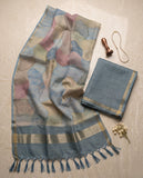 Pastel Blue & Lavender Semi Tussar Saree with Blouse Piece and Tassel Border Geetha Creation