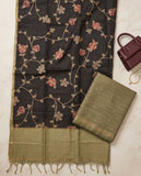Black Floral Embroidered Semi Tussar Saree with Contrast Blouse Piece Geetha Creation