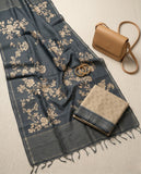 Navy Blue Floral Semi Tussar Saree with Tassel Border & Blouse Piece Geetha Creation
