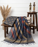 Navy Blue Semi Tussar Saree with Geometric Stripes & Tassel Border Geetha Creation