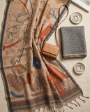 Beige Semi Tussar Saree with Abstract Floral Motifs & Tassel Border Geetha Creation