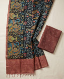 Navy Blue Semi Tussar Saree with Paisley Floral Design and Tassel Border Geetha Creation