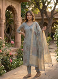 Inaya Slate Blue Soft Tissue Leaf Print Kurta Set Geetha Creation