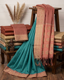 Teal Blue Semi Tussar Saree with Woven Border and Unstitched Blouse Piece Geetha Creation