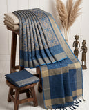 Blue & Grey Semi Tussar Saree with Woven Ethnic Motifs and Tassel Border Geetha Creation
