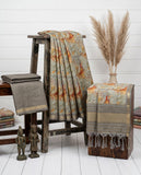 Grey & Beige Semi Tussar Saree with Floral Motifs and Tassel Border Geetha Creation