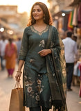 Forest Teal Pure Viscose Kurta Set with Hand-Embroidered Neckline