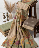 Beige Semi Tussar Saree with Artistic Floral Motifs & Tassel Border Geetha Creation