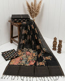 Black Semi Tussar Saree with Ethnic Border and Tassel Detail Blouse Piece Geetha Creation