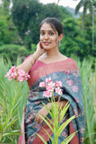 Grey and Pink Floral  Chapa Handloom Tussar Saree C1 Geetha Creation