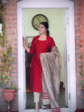 Elegant Red with Chikoo Ready to Wear Cotton Silk Kurta Set