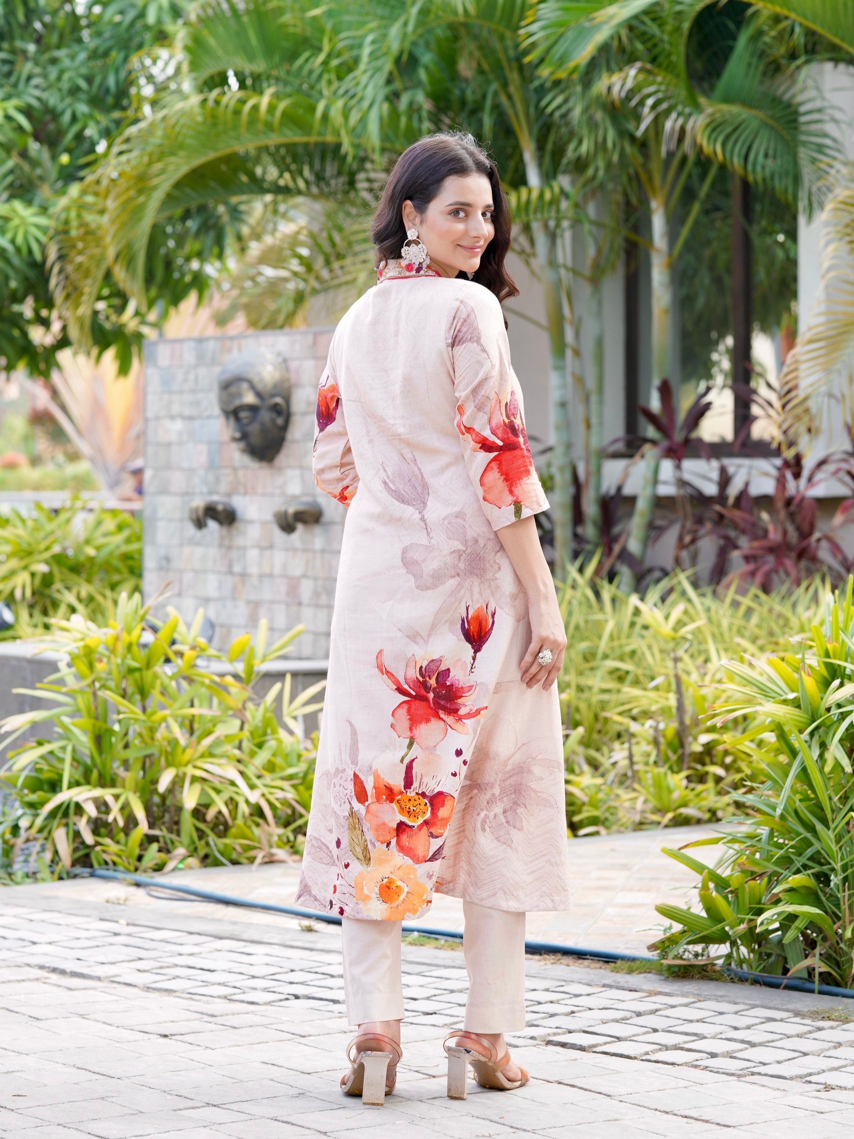 Peach Floral Ethnic Cotton A-Line Dress – Geetha Creation