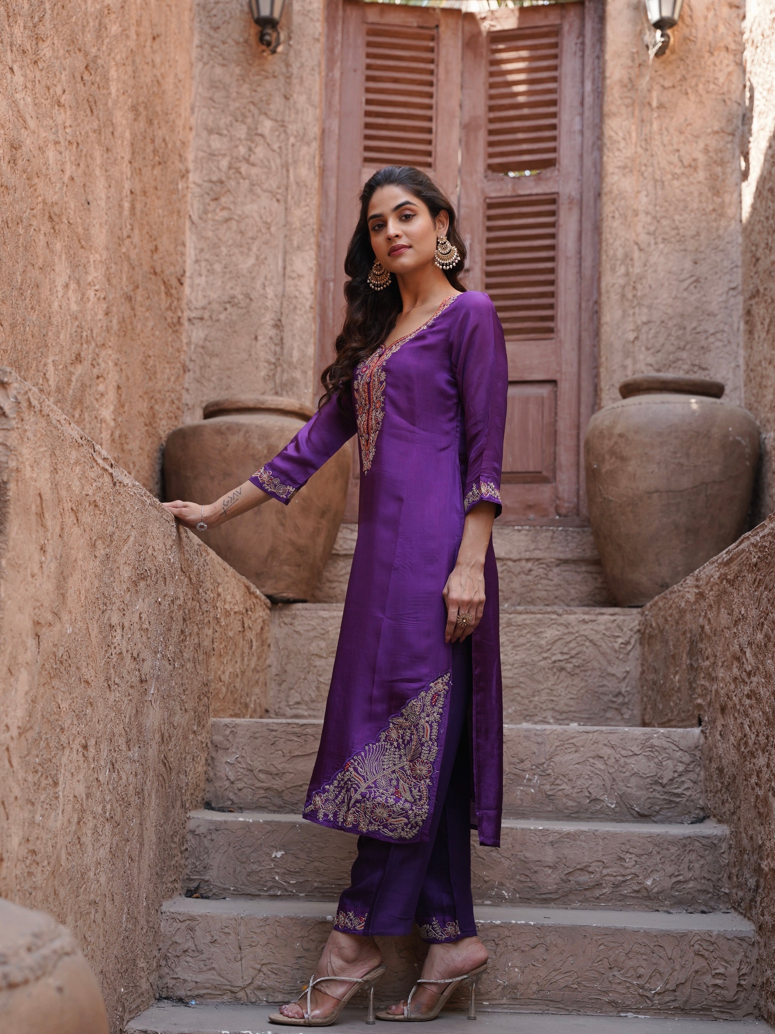silk dress kurti Trendy blue printed silk kurti set