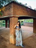 Blue Elegance with Pink Petals Radiant Satin Saree CSB1