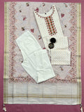 Pure White Ethnic Floral Linen Ready to Wear Pure Cotton Kurti Set