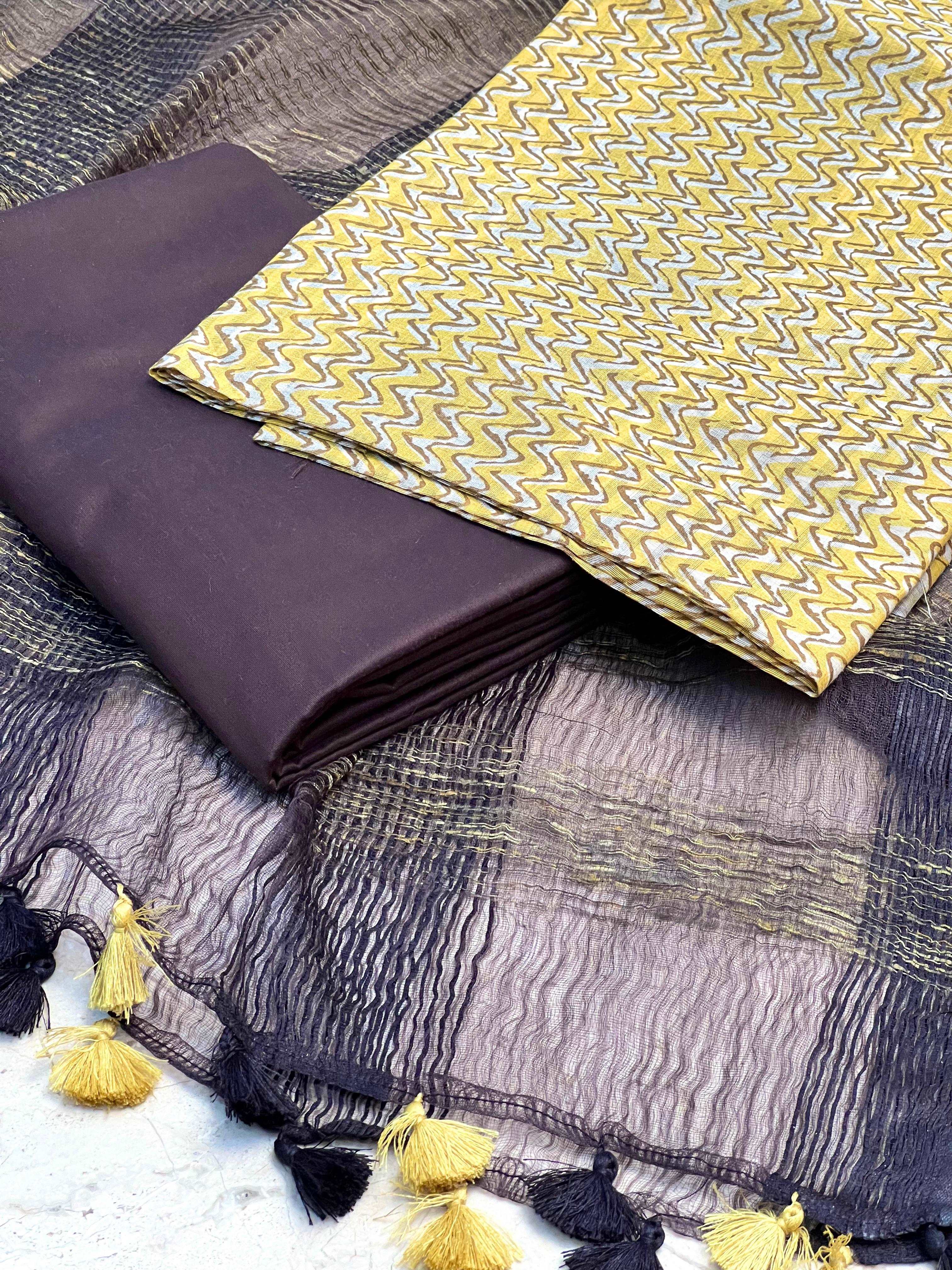 Brown and Yellow Cotton Silk Unstitched Salwar Suit set CSS