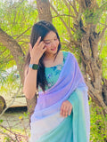 Pastel Ombre Linen saree with Green Floral Blouse