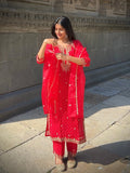 Red Bandhani Pure Organza Ready to wear Kurta set Geetha Creation