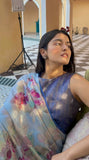 Blue Elegance with Pink Petals Radiant Satin Saree CSB1