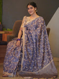 Royal Violet Block Print Kantha Stitch Tussar Saree Geetha Creation